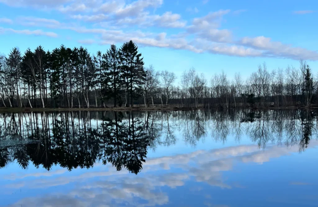 Zo binnen - zo buiten. De wereld als spiegel – zonlicht op water dat de hemel weerspiegelt, symbool voor innerlijke en uiterlijke verbinding