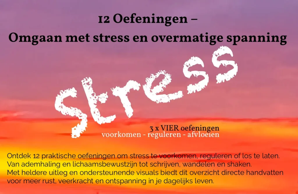 Ontdek 12 praktische oefeningen om stress te voorkomen, reguleren of los te laten. Van ademhaling en lichaamsbewustzijn tot schrijven, wandelen en shaken. 
Met heldere uitleg en ondersteunende visuals biedt dit overzicht directe handvatten voor meer rust, veerkracht en ontspanning in je dagelijks leven.
Dragen en leunen in balans